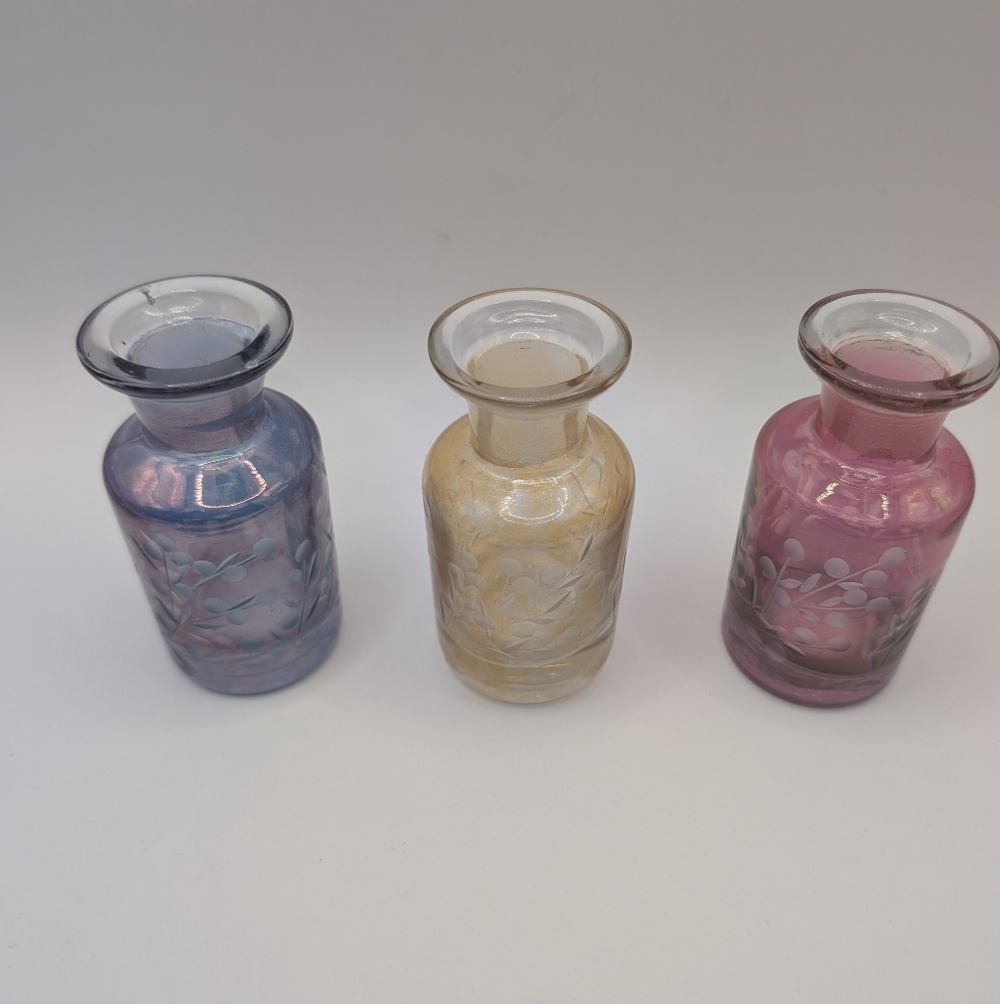 Vintage Glass Perfume Bottles Set - Blue, Yellow, Pink
